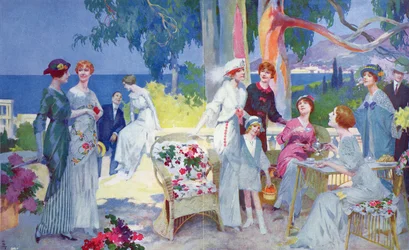 Teegesellschaft in einem Garten an der französischen Riviera, Illustration aus 